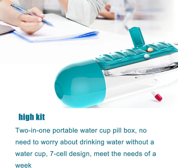 2 in 1 Pill Box Cup, Outdoor Portable Water Bottle with Medicine Box，600ml Portable 7 Days Pill Box Organiser Water Bottle for Camping，Gym, School, Office, Travel