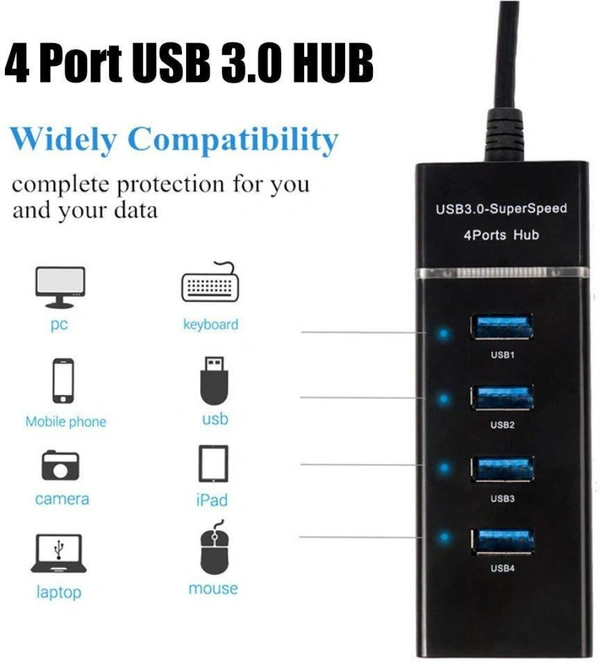 4 Port USB 3.0 Hub with Hi-Speed Data Transfer, LED Indication
