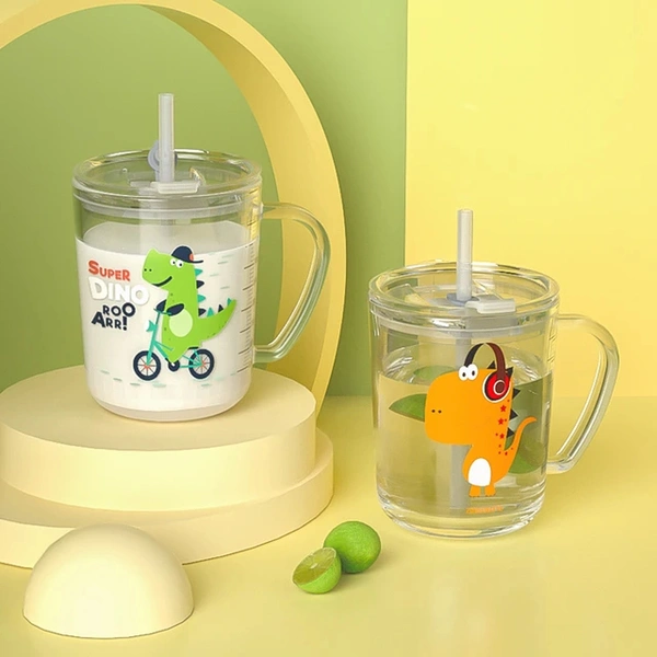 Cartoon Print Milk Glass Cup with Handle Spill Proof Lid and Straw Scale for Multiple Usage