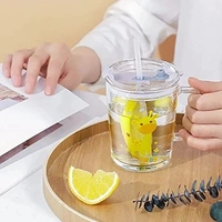 Cartoon Print Milk Glass Cup with Handle Spill Proof Lid and Straw Scale for Multiple Usage