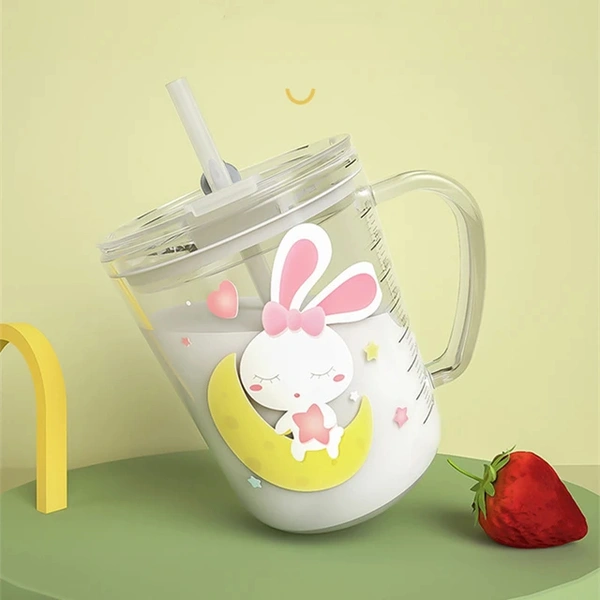 Cartoon Print Milk Glass Cup with Handle Spill Proof Lid and Straw Scale for Multiple Usage