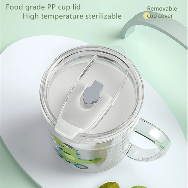 Cartoon Print Milk Glass Cup with Handle Spill Proof Lid and Straw Scale for Multiple Usage