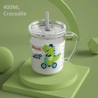 Cartoon Print Milk Glass Cup with Handle Spill Proof Lid and Straw Scale for Multiple Usage