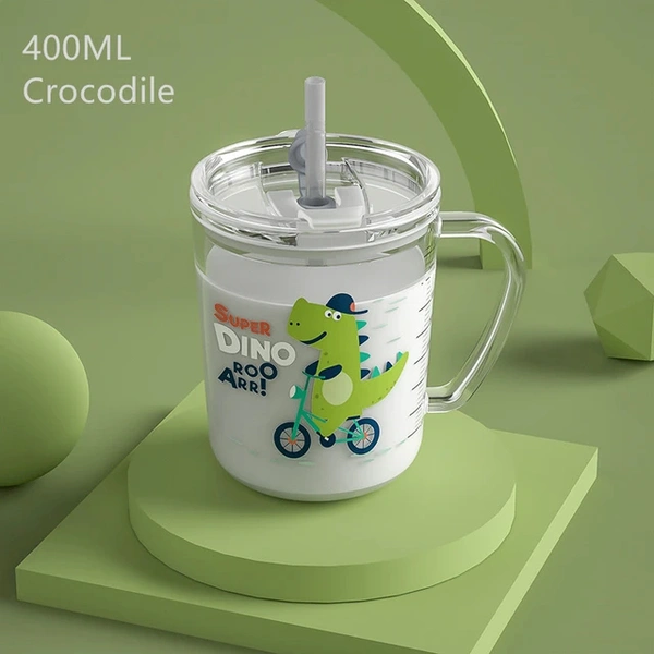 Cartoon Print Milk Glass Cup with Handle Spill Proof Lid and Straw Scale for Multiple Usage
