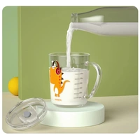 Cartoon Print Milk Glass Cup with Handle Spill Proof Lid and Straw Scale for Multiple Usage
