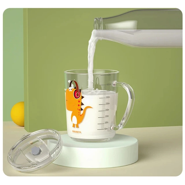 Cartoon Print Milk Glass Cup with Handle Spill Proof Lid and Straw Scale for Multiple Usage