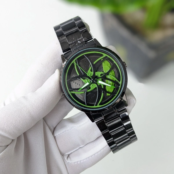 Car Wheel Watch, Stainless Steel Mens Wristwatch with Spinning Car Rim Hub Design, Quartz Movement, Water Resistant, Scratch Resistant Gifts for Car Enthusiasts - Green
