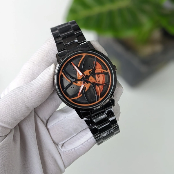 Car Wheel Watch, Stainless Steel Mens Wristwatch with Spinning Car Rim Hub Design, Quartz Movement, Water Resistant, Scratch Resistant Gifts for Car Enthusiasts - Orange