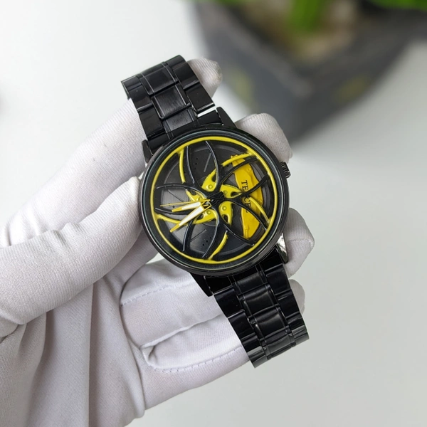 Car Wheel Watch, Stainless Steel Mens Wristwatch with Spinning Car Rim Hub Design, Quartz Movement, Water Resistant, Scratch Resistant Gifts for Car Enthusiasts - Yellow