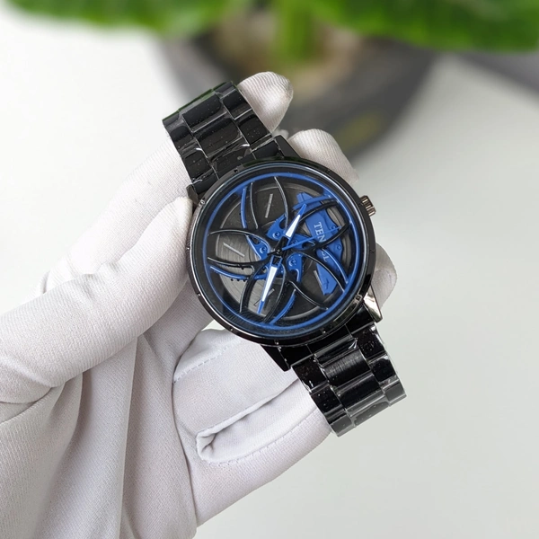 Car Wheel Watch, Stainless Steel Mens Wristwatch with Spinning Car Rim Hub Design, Quartz Movement, Water Resistant, Scratch Resistant Gifts for Car Enthusiasts - Blue