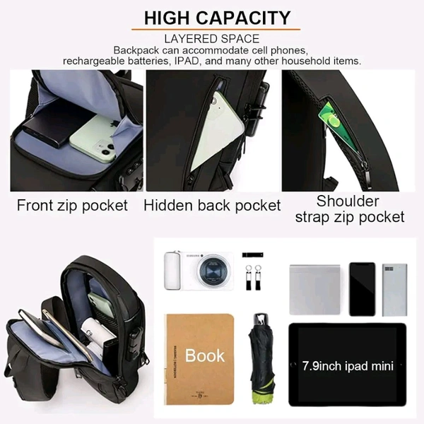 Anti theft Crossbody Sling bag ,Waterproof Chest Daypack with USB Charging, Black, One Size, Locomotive Style - Black