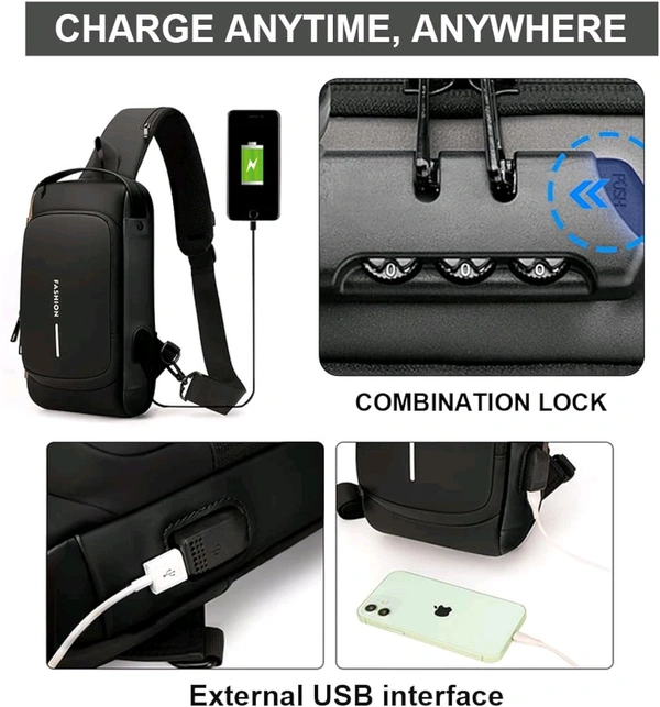 Anti theft Crossbody Sling bag ,Waterproof Chest Daypack with USB Charging, Black, One Size, Locomotive Style - Black
