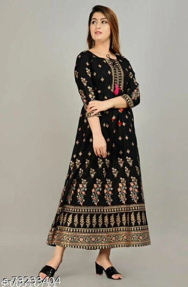 ANIVINDA Black Colour Printed Women Rayon GownsName: ANIVINDA Black Colour Printed Women Rayon GownsFabric: RayonSleeve Length: Three-Quarter SleevesPattern:  - Black Color , XL 