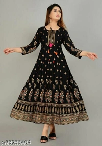 ANIVINDA Black Colour Printed Women Rayon GownsName: ANIVINDA Black Colour Printed Women Rayon GownsFabric: RayonSleeve Length: Three-Quarter SleevesPattern:  - Black Color, XXL 