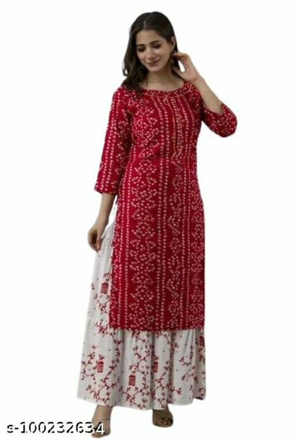 Women's Rayon Fabric Printed bhendej Kurti Skirt with Shifon Dhupatta - Red, M