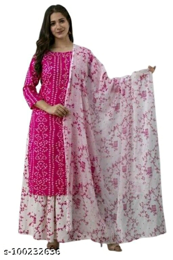 Women's Rayon Fabric Printed bhendej Kurti Skirt with Shifon Dhupatta - Pink , M