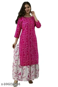 Women's Rayon Fabric Printed bhendej Kurti Skirt with Shifon Dhupatta - Pink , M