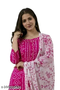 Women's Rayon Fabric Printed bhendej Kurti Skirt with Shifon Dhupatta - Pink , M
