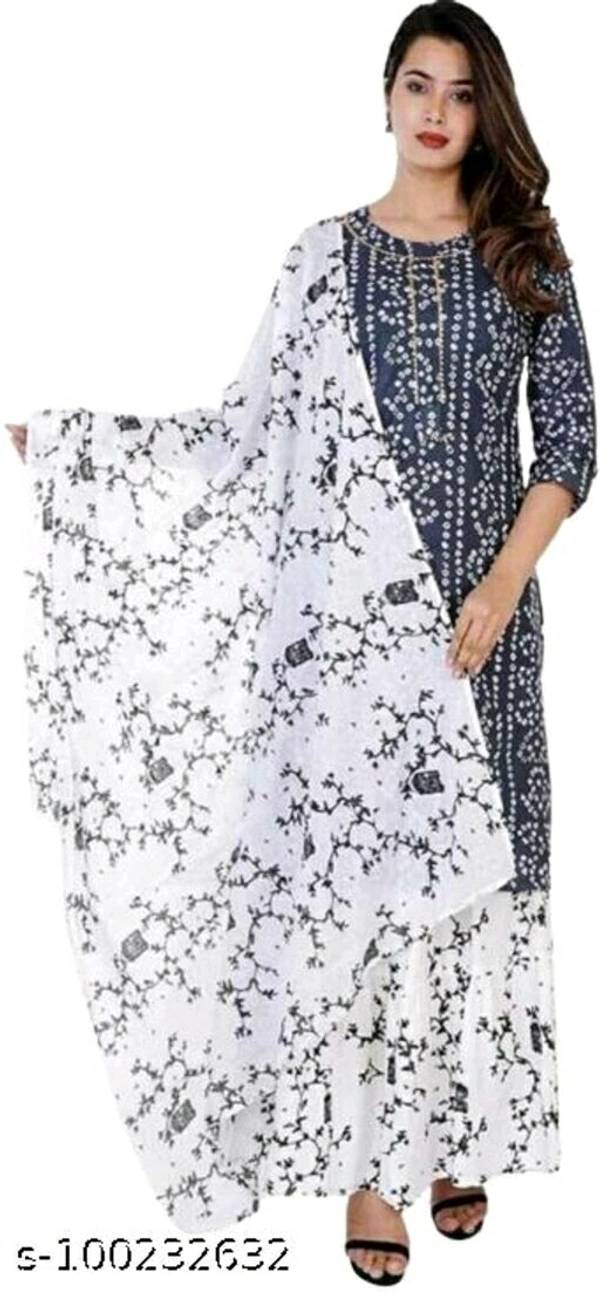 Women's Rayon Fabric Printed bhendej Kurti Skirt with Shifon Dhupatta - Grey , M
