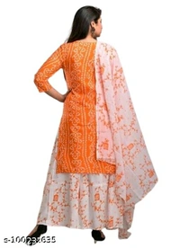 Women's Rayon Fabric Printed bhendej Kurti Skirt with Shifon Dhupatta - Orange , M