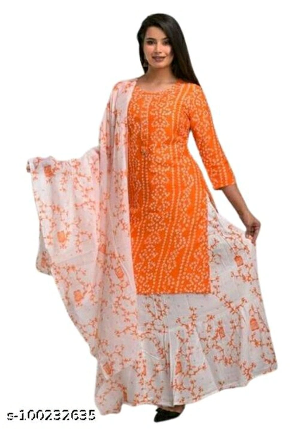Women's Rayon Fabric Printed bhendej Kurti Skirt with Shifon Dhupatta - Orange , M