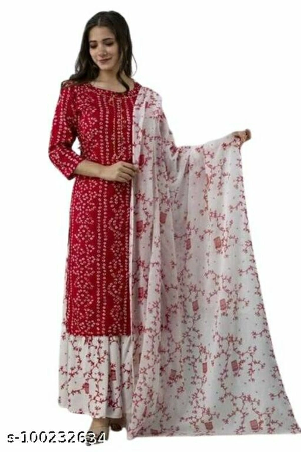 Women's Rayon Fabric Printed bhendej Kurti Skirt with Shifon Dhupatta - Red, L