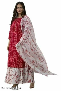Women's Rayon Fabric Printed bhendej Kurti Skirt with Shifon Dhupatta - Red, L