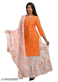 Women's Rayon Fabric Printed bhendej Kurti Skirt with Shifon Dhupatta - Orange , L