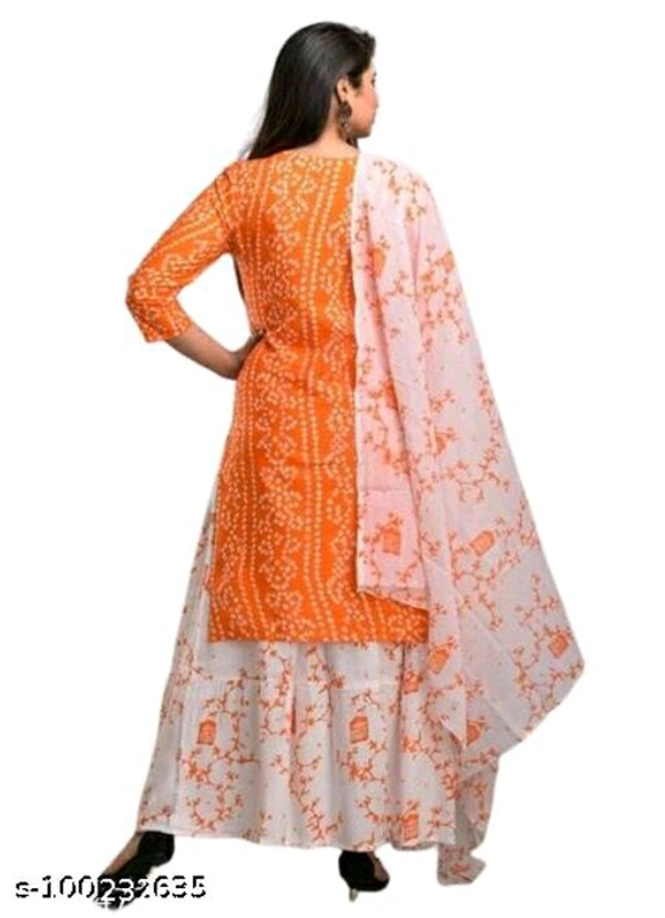 Women's Rayon Fabric Printed bhendej Kurti Skirt with Shifon Dhupatta - Orange , L