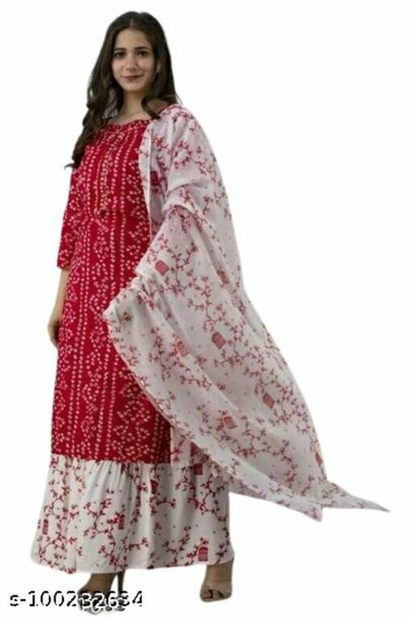 Women's Rayon Fabric Printed bhendej Kurti Skirt with Shifon Dhupatta - Red, XL 