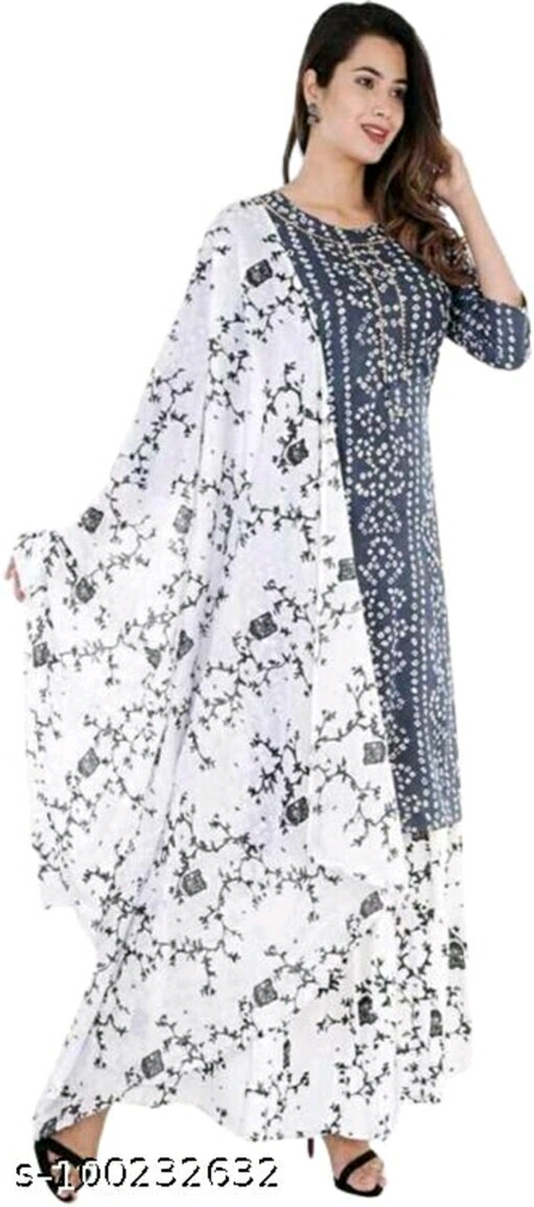 Women's Rayon Fabric Printed bhendej Kurti Skirt with Shifon Dhupatta - Grey , XL 
