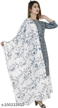 Women's Rayon Fabric Printed bhendej Kurti Skirt with Shifon Dhupatta - Grey , XL 