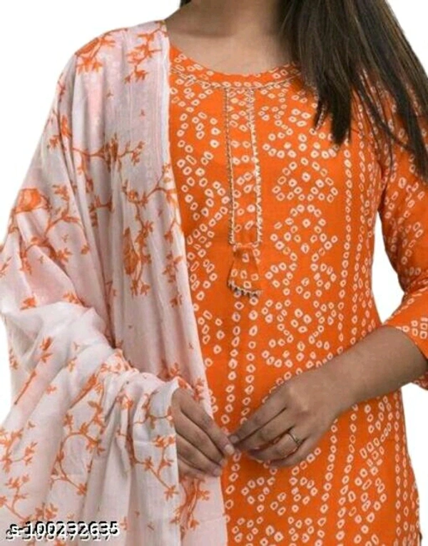 Women's Rayon Fabric Printed bhendej Kurti Skirt with Shifon Dhupatta - Orange , XL 