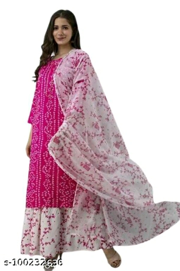 Women's Rayon Fabric Printed bhendej Kurti Skirt with Shifon Dhupatta - Pink , XXL 
