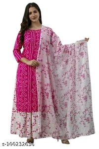 Women's Rayon Fabric Printed bhendej Kurti Skirt with Shifon Dhupatta - Pink , XXL 