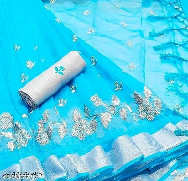 Chanderi Silver Patta Sarees - Sky Blue , Free Size 