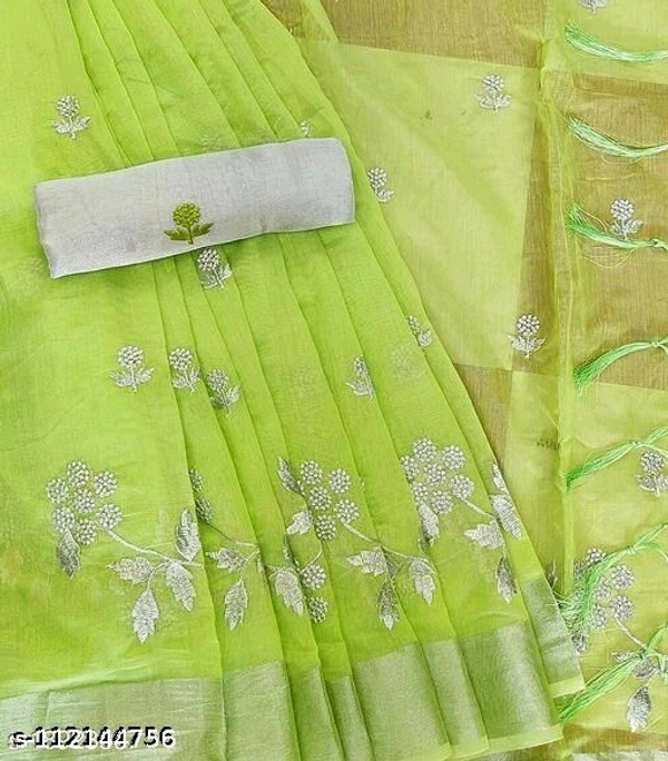 Chanderi Silver Patta Sarees - Green, Free Size
