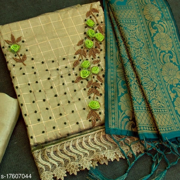 Silver Floral Handwork Embriodered Dress Material With Banarasi Dupatta - Un Stitched 