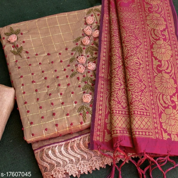 Silver Floral Handwork Embriodered Dress Material With Banarasi Dupatta - Un Stitched 