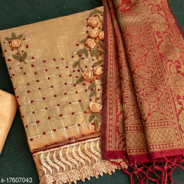 Silver Floral Handwork Embriodered Dress Material With Banarasi Dupatta - Un Stitched 