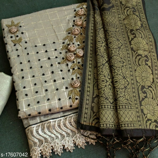 Silver Floral Handwork Embriodered Dress Material With Banarasi Dupatta - Un Stitched 