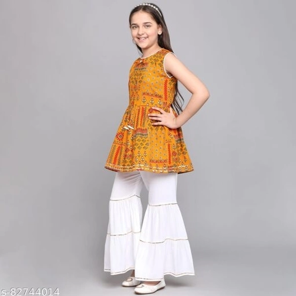 Curly Tales Girls Foil Printed Kurta And Sharara Sets  - Orange, 12-13 Years