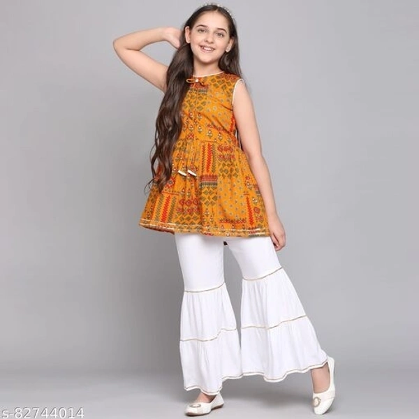 Curly Tales Girls Foil Printed Kurta And Sharara Sets  - Orange, 12-13 Years