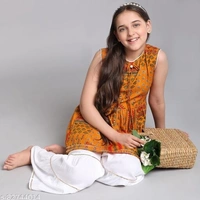 Curly Tales Girls Foil Printed Kurta And Sharara Sets  - Orange, 12-13 Years