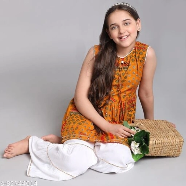 Curly Tales Girls Foil Printed Kurta And Sharara Sets  - Orange, 12-13 Years
