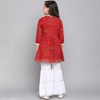 Curly Tales Girls Foil Printed Kurta And Sharara Sets  - Red, 7-8 Years