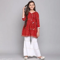 Curly Tales Girls Foil Printed Kurta And Sharara Sets  - Red, 9-10 Years