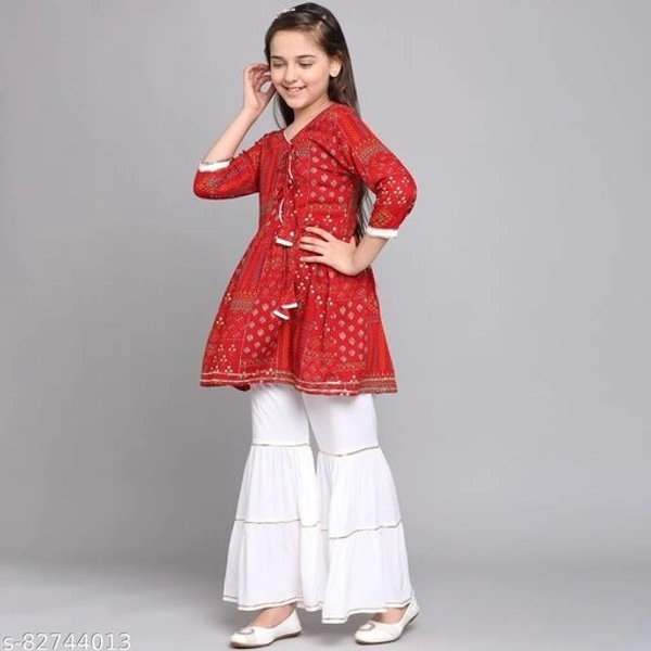 Curly Tales Girls Foil Printed Kurta And Sharara Sets  - Red, 9-10 Years