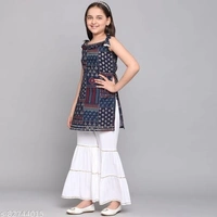 Curly Tales Girls Foil Printed Kurta And Sharara Sets  - Navy Blue,, 13-14 Years