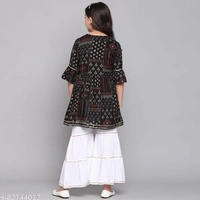 Curly Tales Girls Foil Printed Kurta And Sharara Sets  - Black, , 12-13 Years